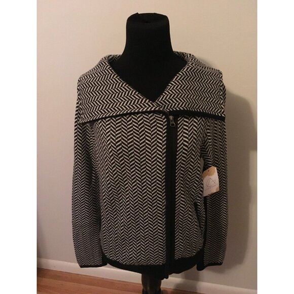 Sparrow Anthropologie Black & White Herringbone Zip-Up Sweater, Size Medium - Picture 1 of 5